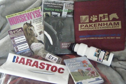 Prize June Parasite puzzle, red hay bag, Barastoc drink bottle & pen, Riders Diary, Key ring, HorseWyse mag